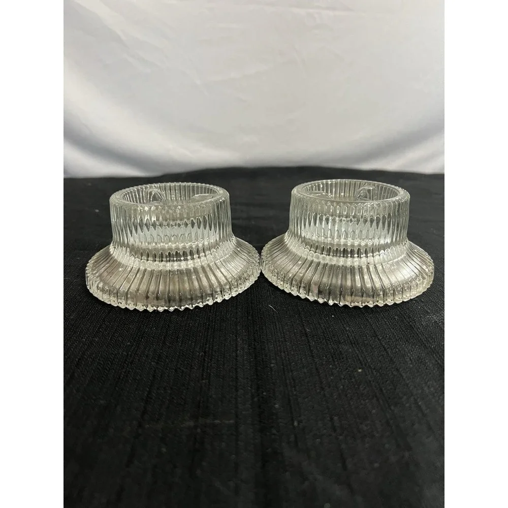 Vintage Clear Ribbed Glass Candle Holder Pair Reversible Taper Pillar Set of 2